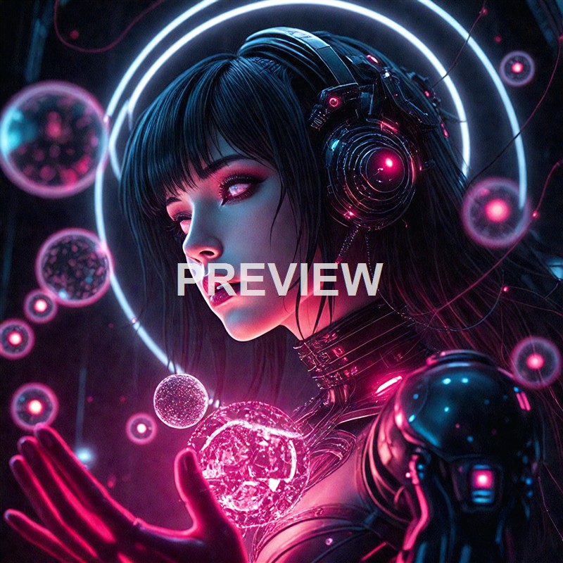 A futuristic female cyborg with glowing pink and blue accents, wearing high-tech headphones and holding a translucent, glowing globe, surrounded by floating orbs and neon circles.
